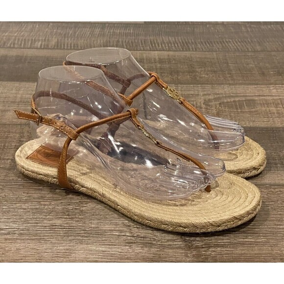 Tory Burch Brown Leather Emmy Flat Espadrilles Thong Sandals Size 8B Womens - Picture 1 of 16